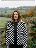 Women's Checkerboard Print Fluffy Fleece Jacket — Cropped Zip-Up - Black and White Check