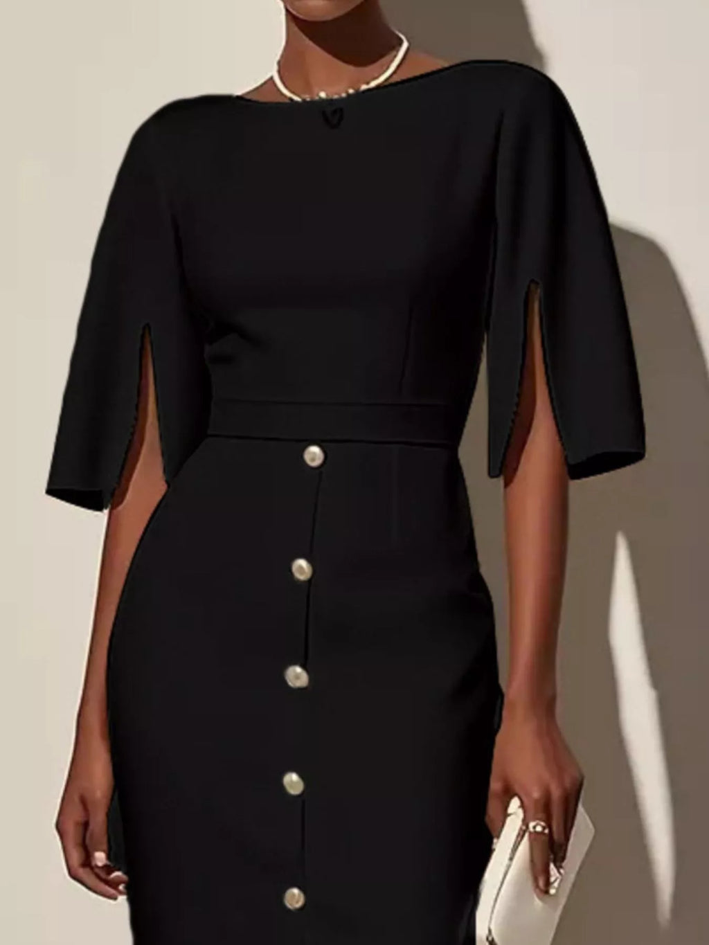 Midi Dress Women's Elegant Button Detail with Statement Sleeves | E&W - 2 - Elenwear