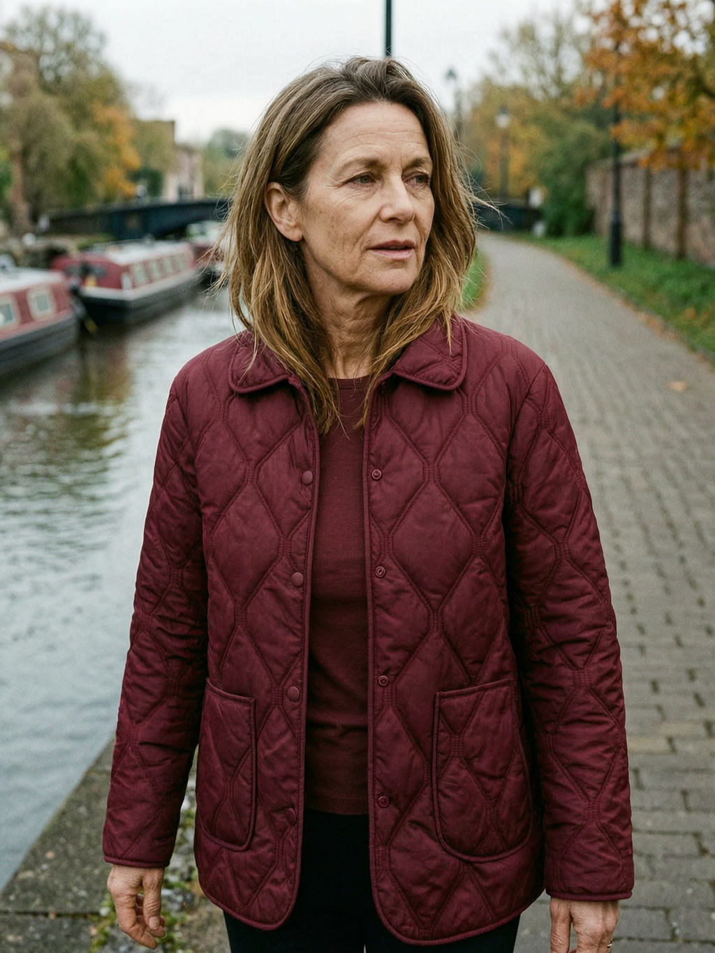 Diamond-Quilted Lapel Jacket with Flap Pockets - Burgundy