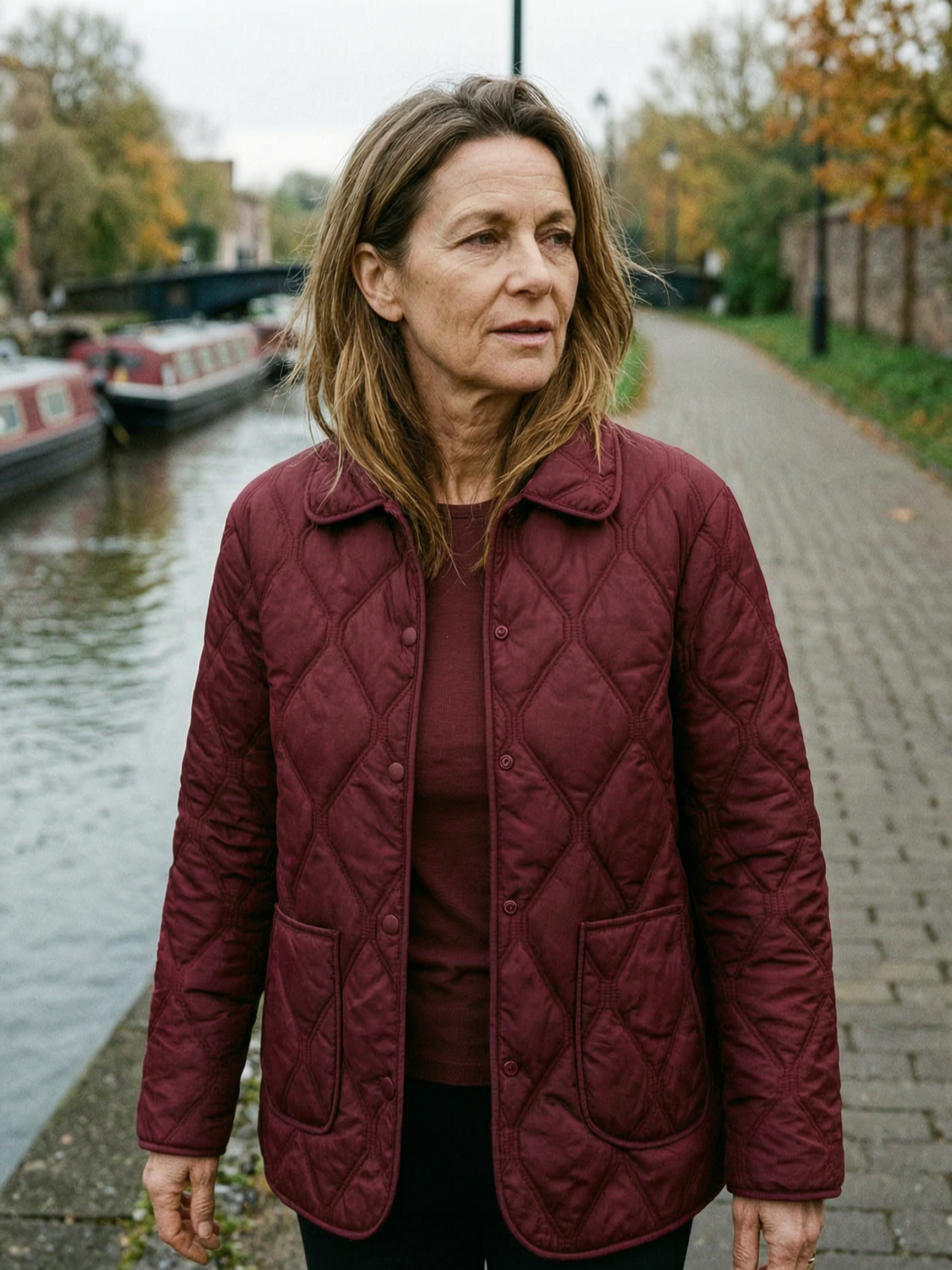 Diamond-Quilted Lapel Jacket with Flap Pockets - Burgundy