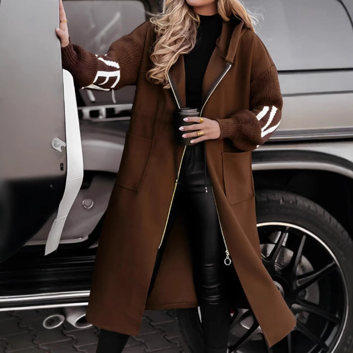 Longline Women's Coat with Knitted Sleeves | E&W - 6 - Elenwear
