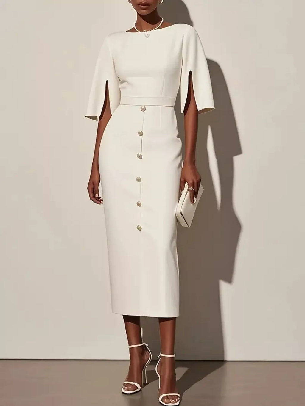 Midi Dress Women's Elegant Button Detail with Statement Sleeves | E&W - 8 - Elenwear