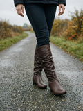 Women's Slouchy Knee-High Flat Boots — Relaxed Pull-On Boots - Brown