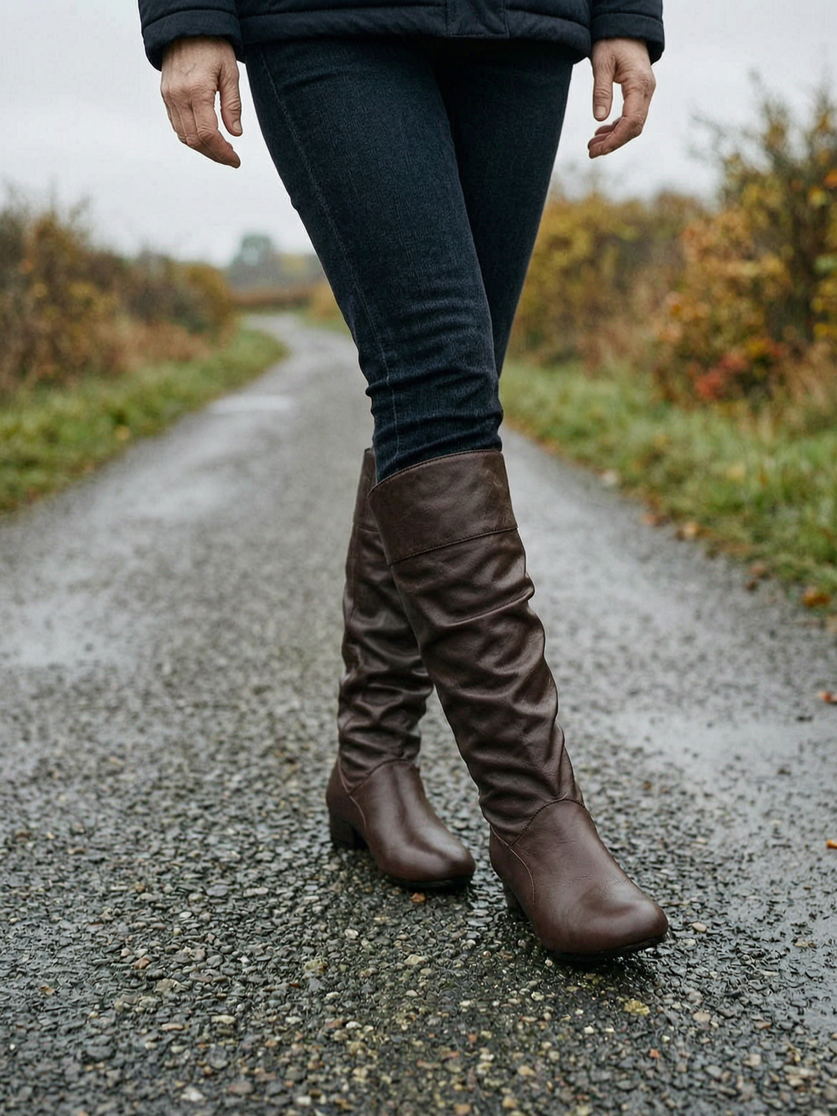 Women's Slouchy Knee-High Flat Boots — Relaxed Pull-On Boots - Brown