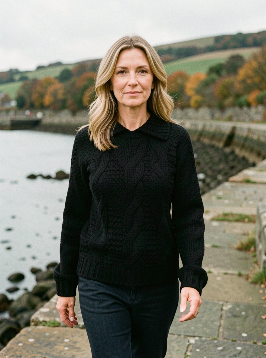 Women's Twist Cable-Knit Cardigan — Chunky Wool-Blend Jacket - Black