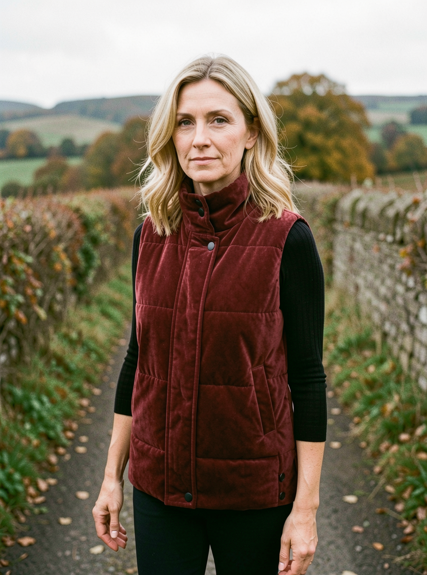 Women's Quilted Velvet Puffer Vest — Slim-Fit Short Warm Waistcoat - Brick Red