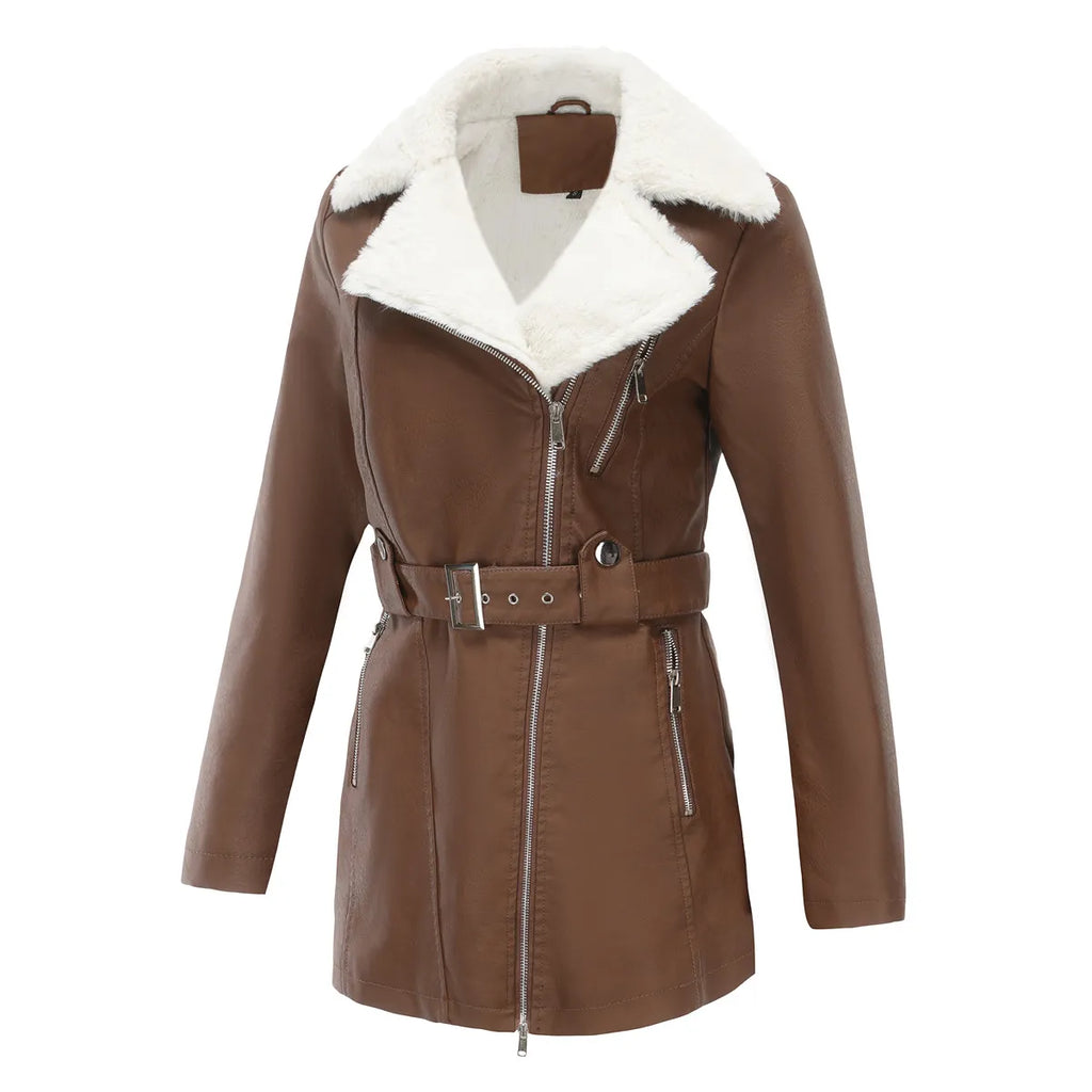 Biker Style Women's Faux Sheepskin Coat with Belt | E&W - 6 - Elenwear
