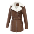 Biker Style Women's Faux Sheepskin Coat with Belt | E&W - 6 - Elenwear