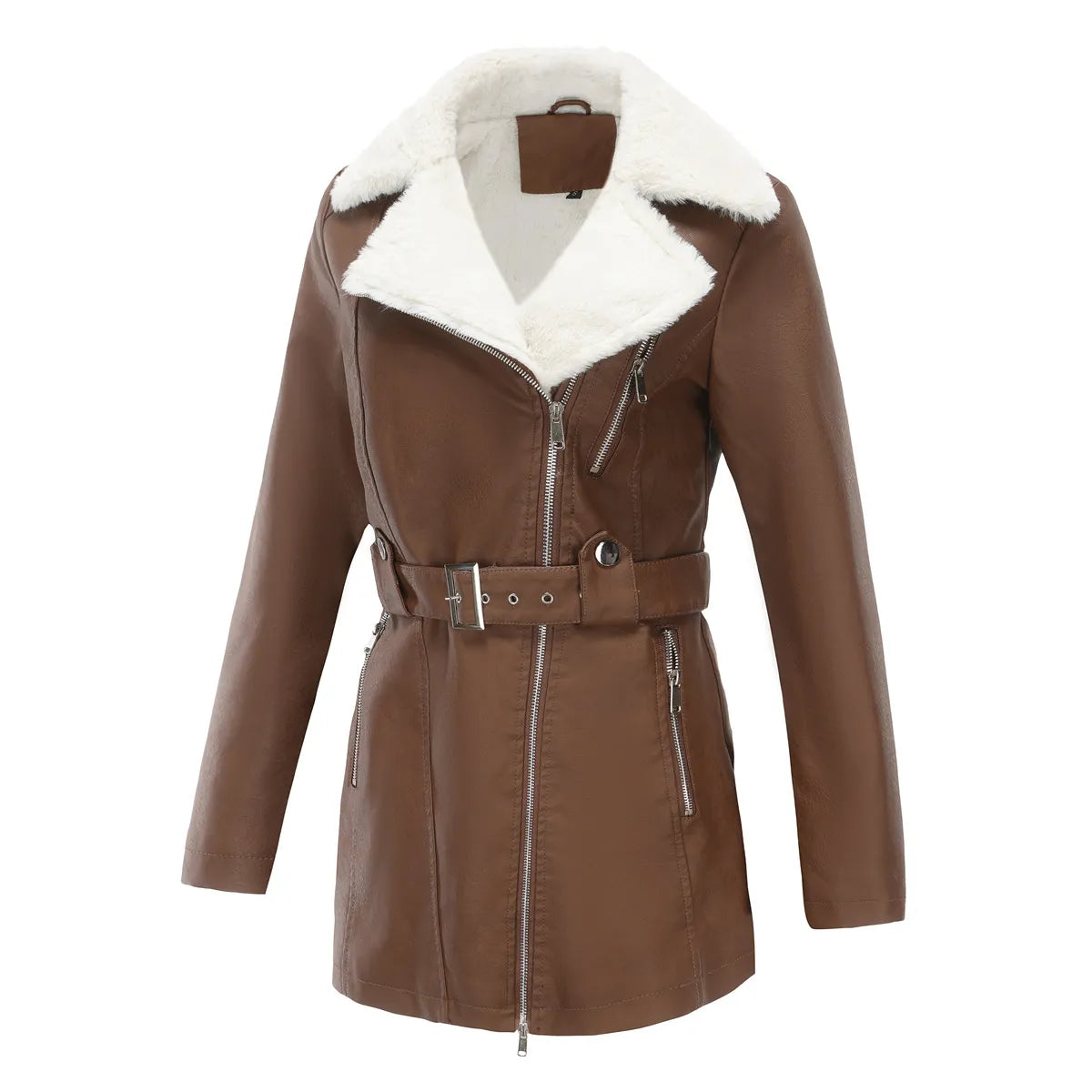 Biker Style Women's Faux Sheepskin Coat with Belt | E&W - 6 - Elenwear