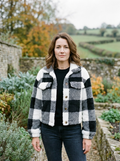 Women's Buffalo Check Fluffy Fleece Shacket — Cropped Plaid Jacket - Black