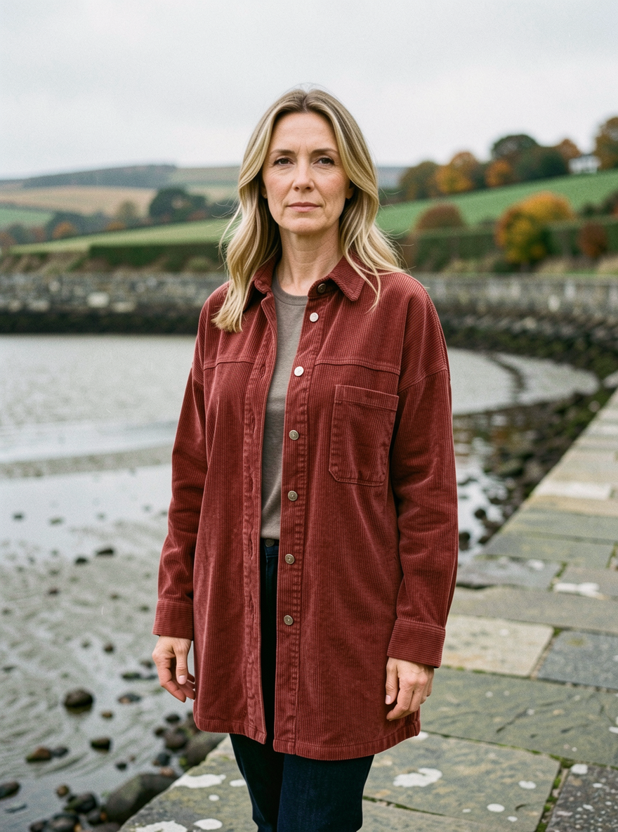 Women's Washed Corduroy Shacket — Distressed Shirt Jacket - Brick Red
