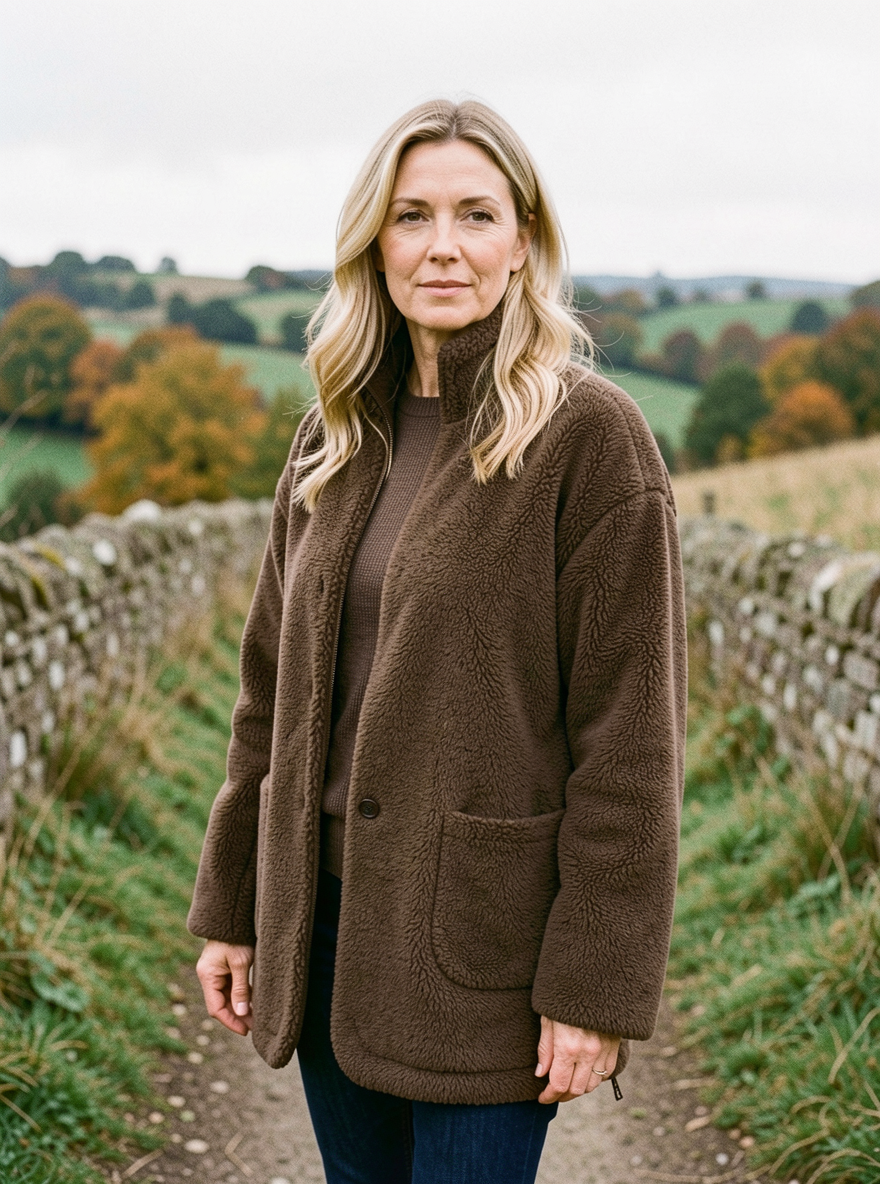 Women's Oversized Teddy Fleece Coat — Drop-Shoulder Sherpa Jacket - Brown