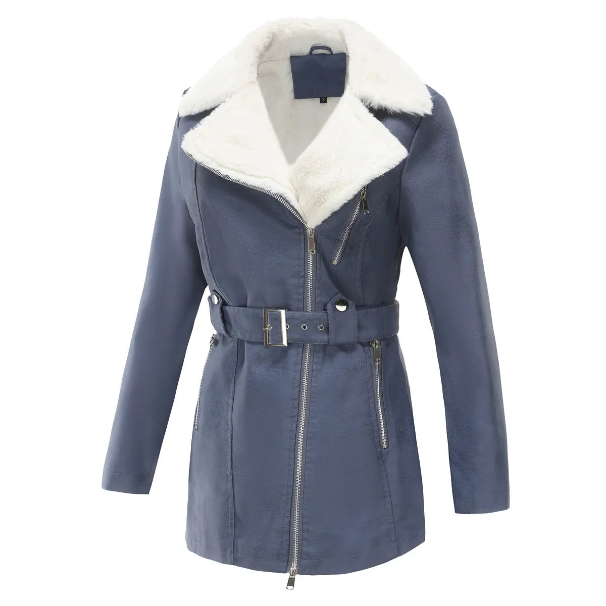 Biker Style Women's Faux Sheepskin Coat with Belt | E&W - 7 - Elenwear