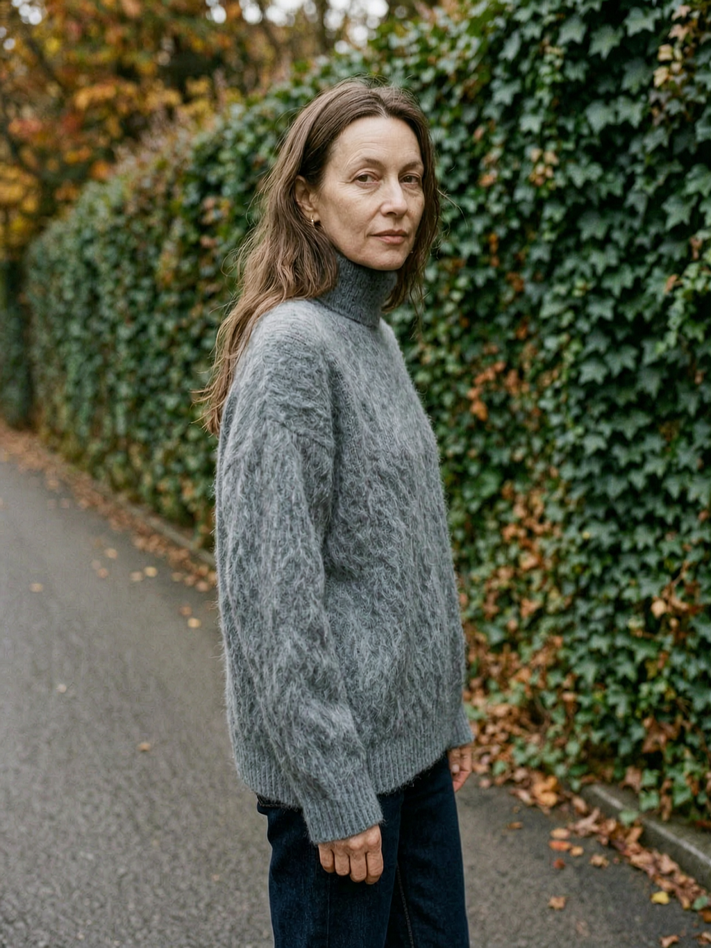Women's Fuzzy Mohair-Blend Turtleneck Jumper — Soft Roll-Neck Sweater - Gray