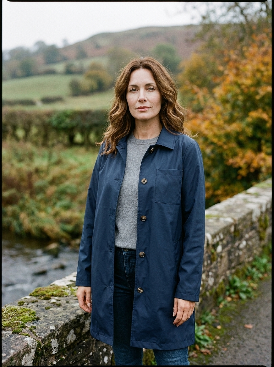Women's Longline Showerproof Jacket — Shirt-Collar Rain Coat - Navy