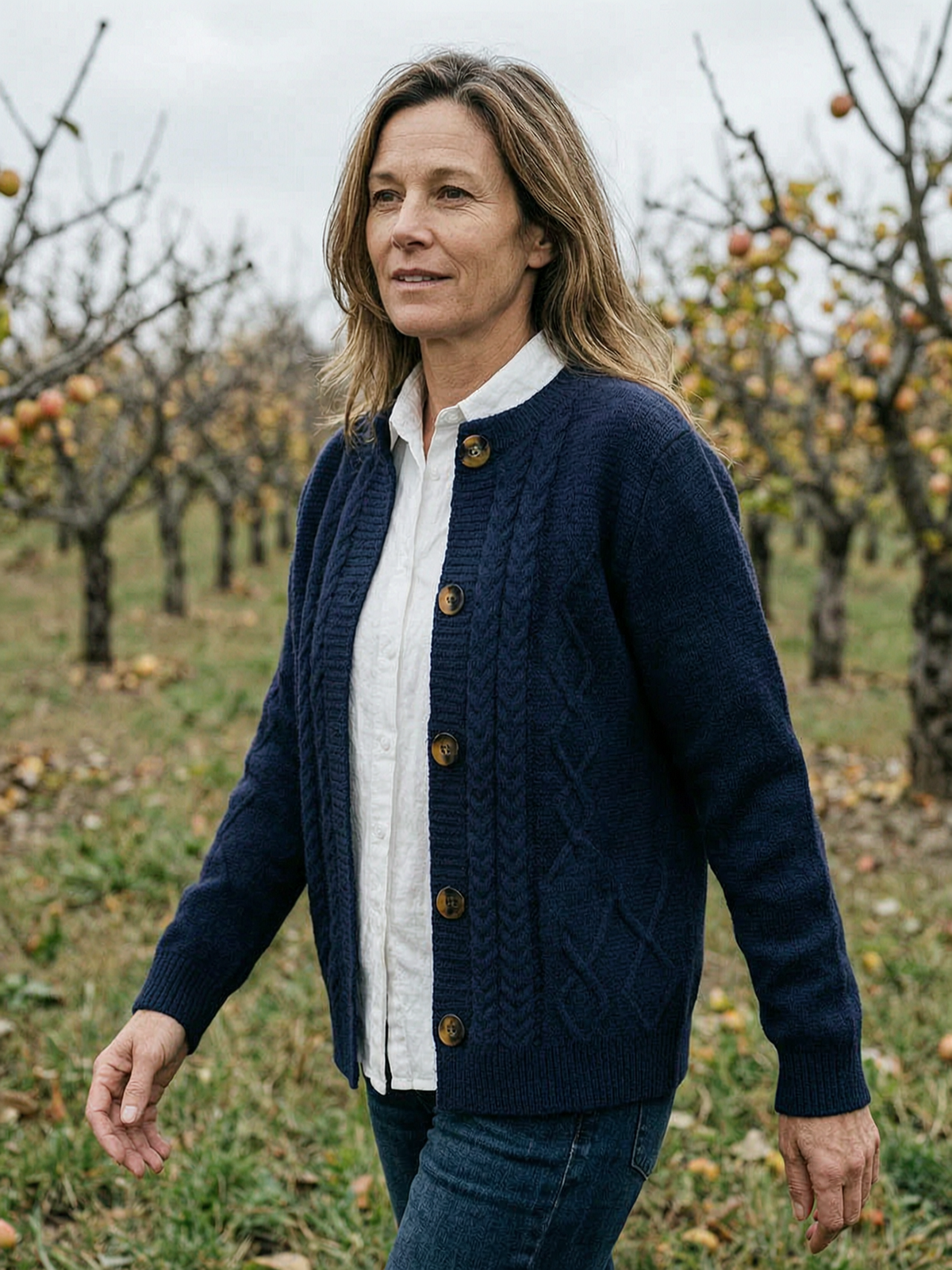 Women's Diamond-Knit Button Cardigan — Cotton Knitted Sweater Coat - Dark Blue