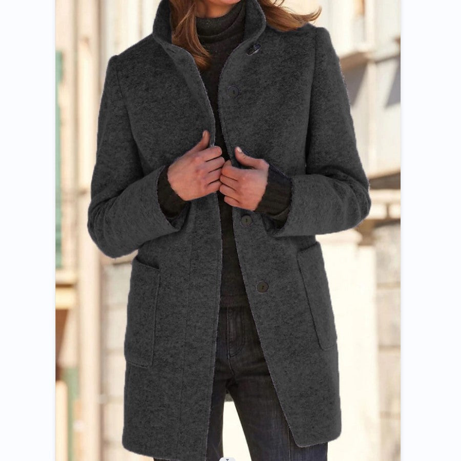 Women's Wool Blend Coat in Grey with Chic Collar | E&W - 1 - Elenwear