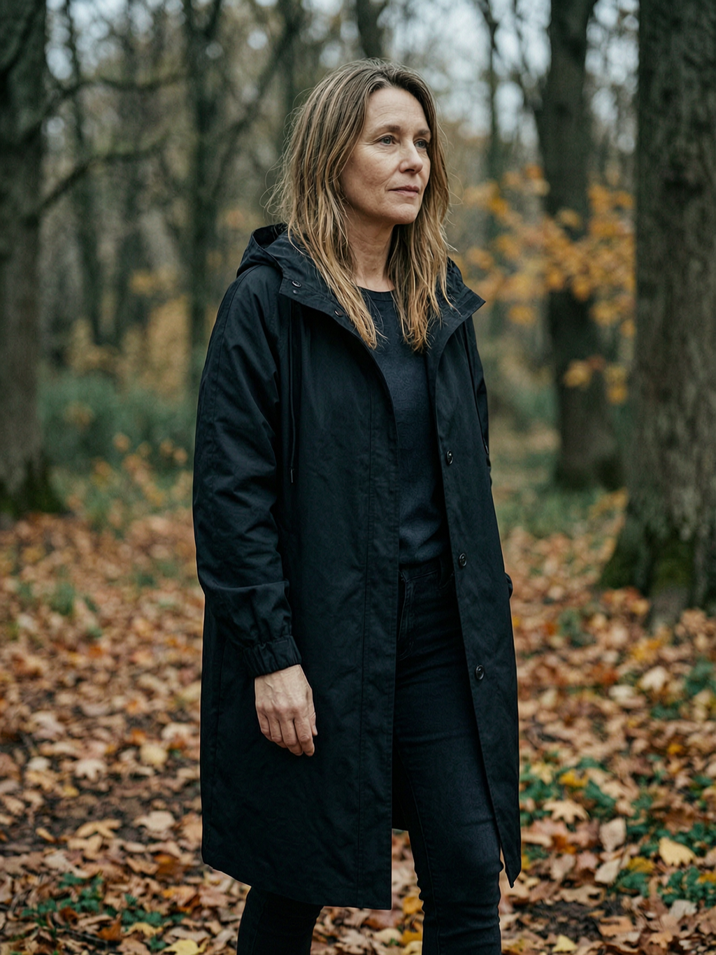 Women's Oversized Longline Hooded Trench Windbreaker — Showerproof Coat - Black