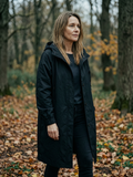 Women's Oversized Longline Hooded Trench Windbreaker — Showerproof Coat - Black
