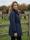Diamond-Quilted Waist-Cinch Coat with Faux Fur Collar - Navy