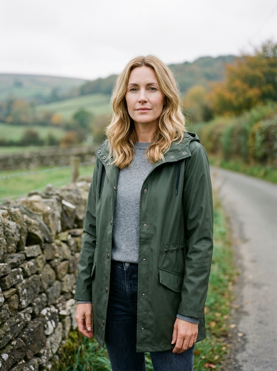 Women's Hooded Waterproof Anorak Jacket — Drawstring Rain Coat - Dark Green
