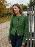Women's Cable-Knit Crew-Neck Cardigan — Cropped Button-Front Sweater - Green