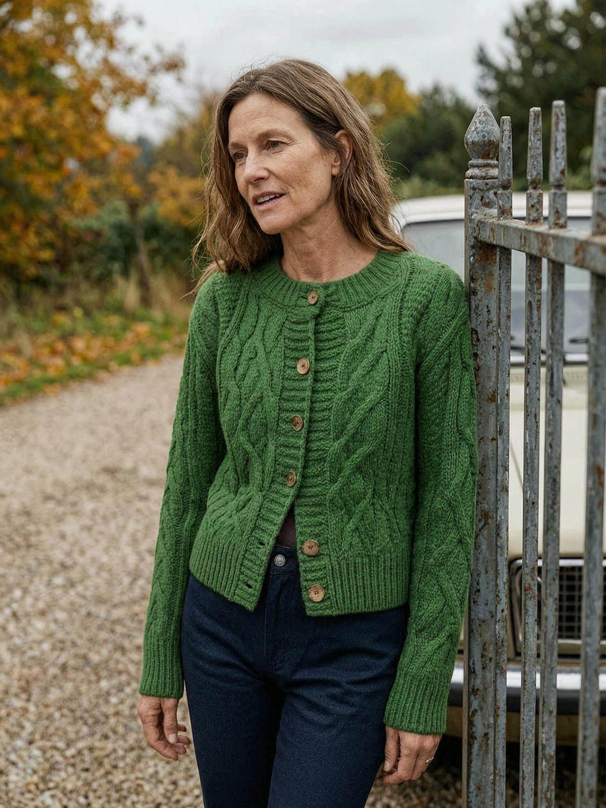 Women's Cable-Knit Crew-Neck Cardigan — Cropped Button-Front Sweater - Green