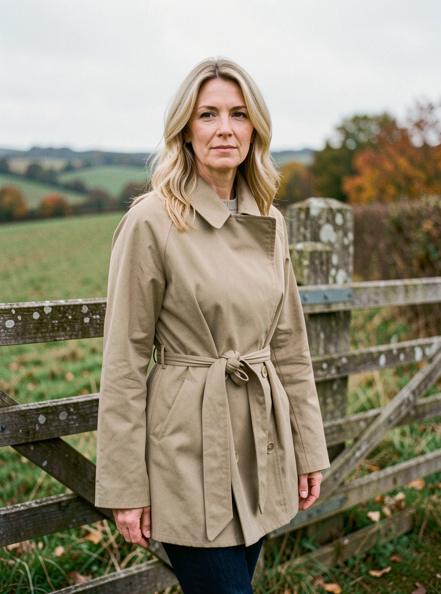 Women's Khaki Workwear Trench Coat — Long Lace-Up Showerproof Coat - Khaki
