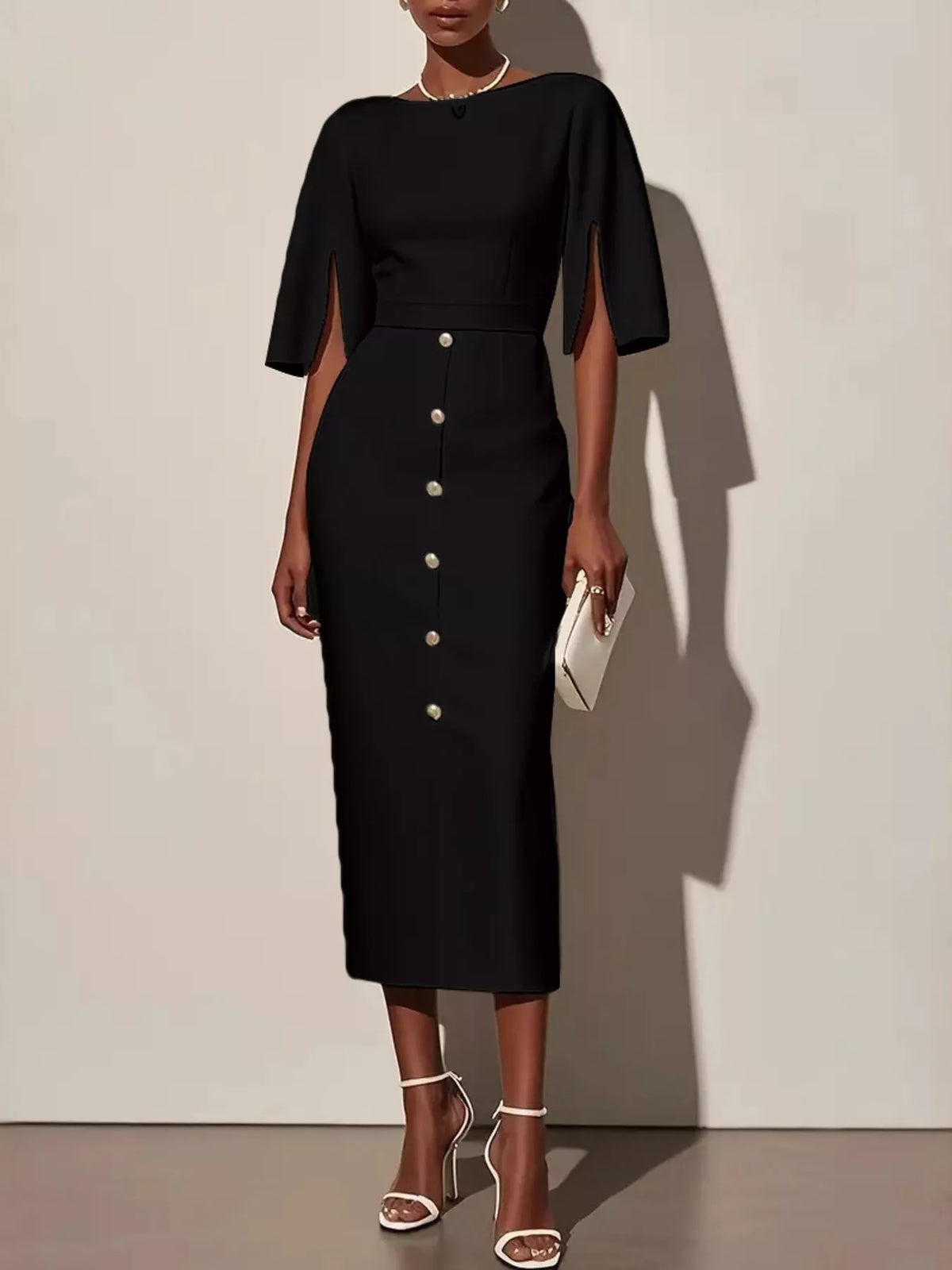 Midi Dress Women's Elegant Button Detail with Statement Sleeves | E&W - 7 - Elenwear