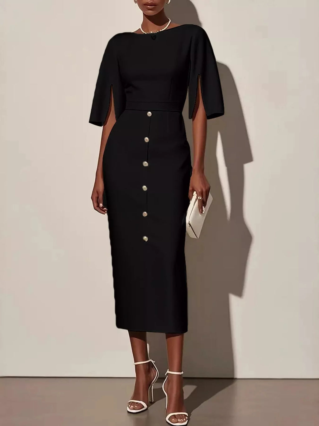 Midi Dress Women's Elegant Button Detail with Statement Sleeves | E&W - 1 - Elenwear
