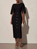 Midi Dress Women's Elegant Button Detail with Statement Sleeves | E&W - 1 - Elenwear