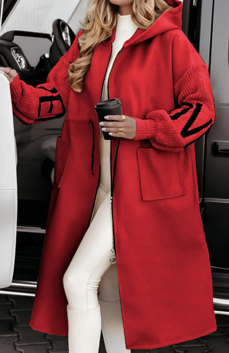 Longline Women's Coat with Knitted Sleeves | E&W - 9 - Elenwear