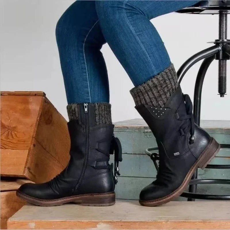 Women's Winter Boots with Knitted Cuff and Side Zip | E&W - 2 - Elenwear