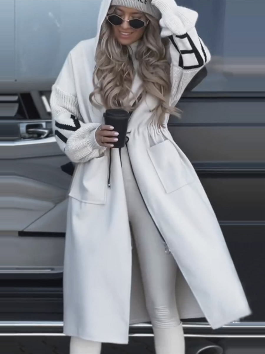 Longline Women's Coat with Knitted Sleeves | E&W - 7 - Elenwear