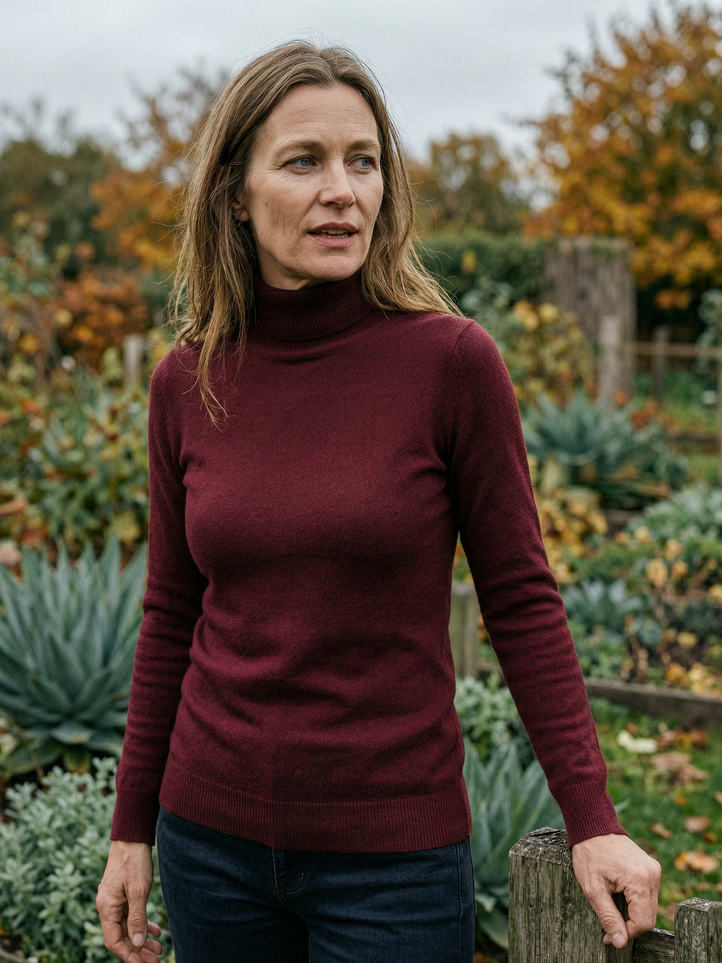 Women's High-Lapel Knit Pullover — Soft Everyday Sweater - Burgundy Red