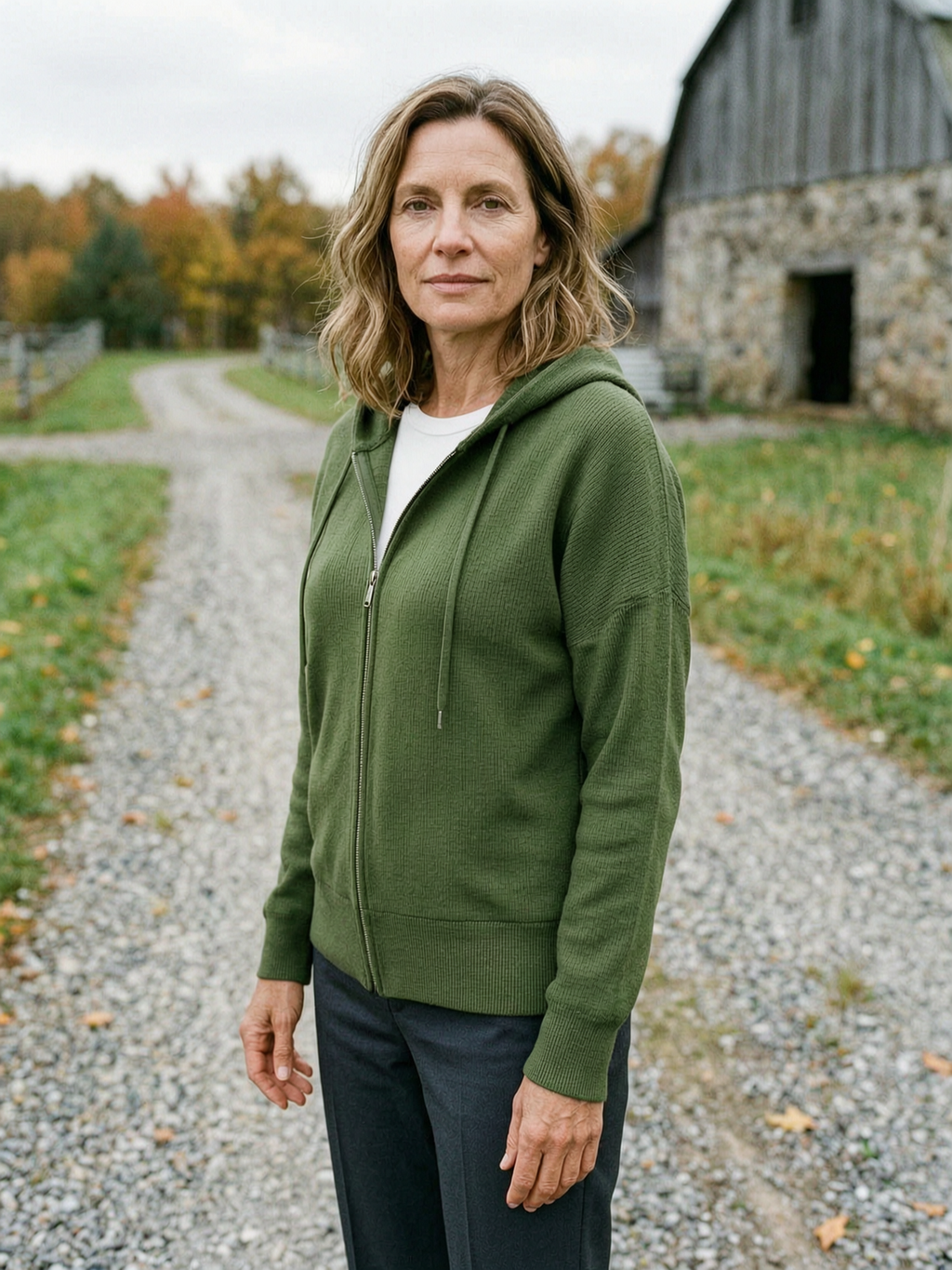 Women's Hooded Zip-Up Knit Cardigan — Ribbed Casual Layer - Army Green