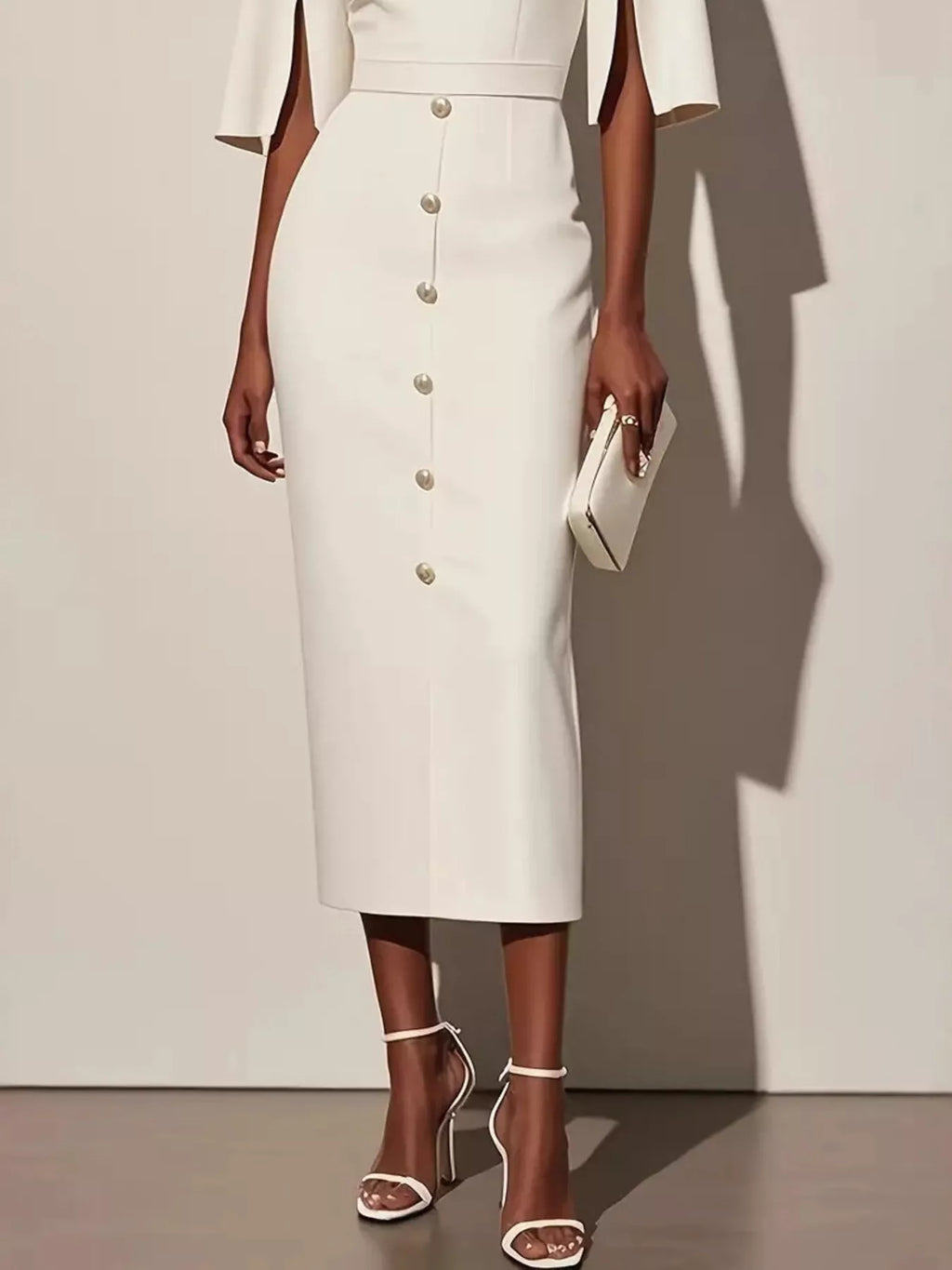 Midi Dress Women's Elegant Button Detail with Statement Sleeves | E&W - 6 - Elenwear