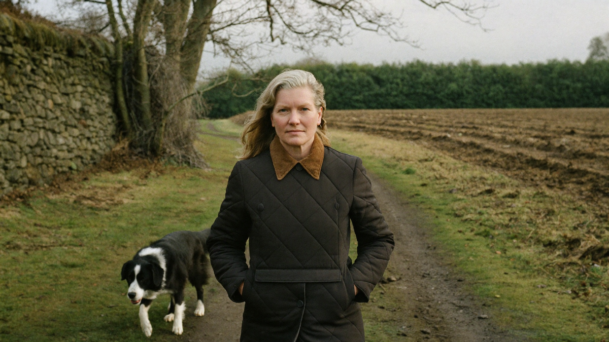 Woman walking a border collie along a muddy farm track in a black diamond quilted jacket with corduroy collar