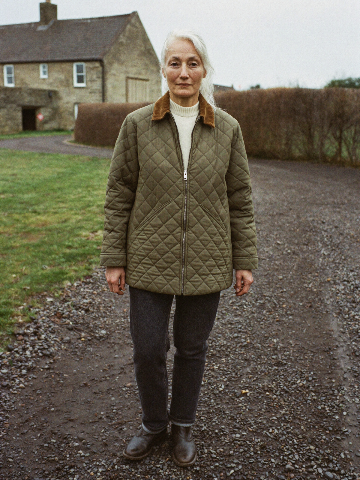 Full length photograph of a woman in her fifties wearing an olive quilted jacket in a farmyard, showing true fit