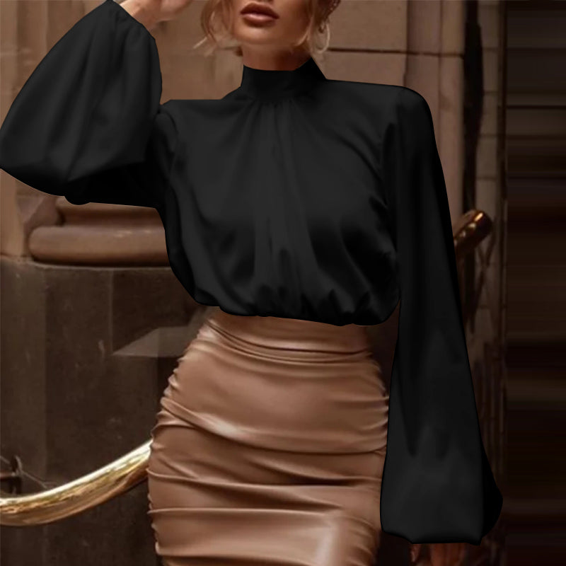 Chic Blouse for Women with High Neckline and Puffed Sleeves | E&W - 1 - Elenwear