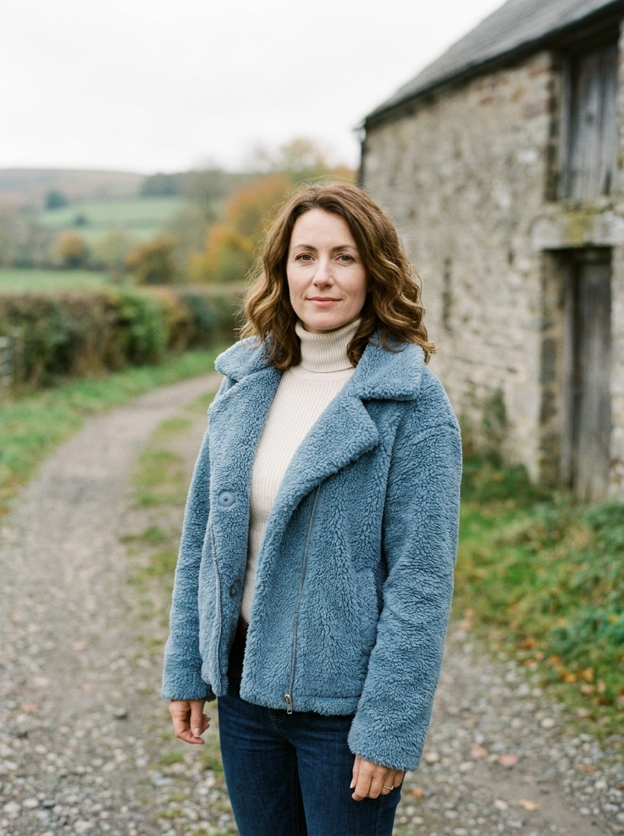 Women's Fluffy Teddy Fleece Lapel Jacket — Cropped Button-Front - Blue