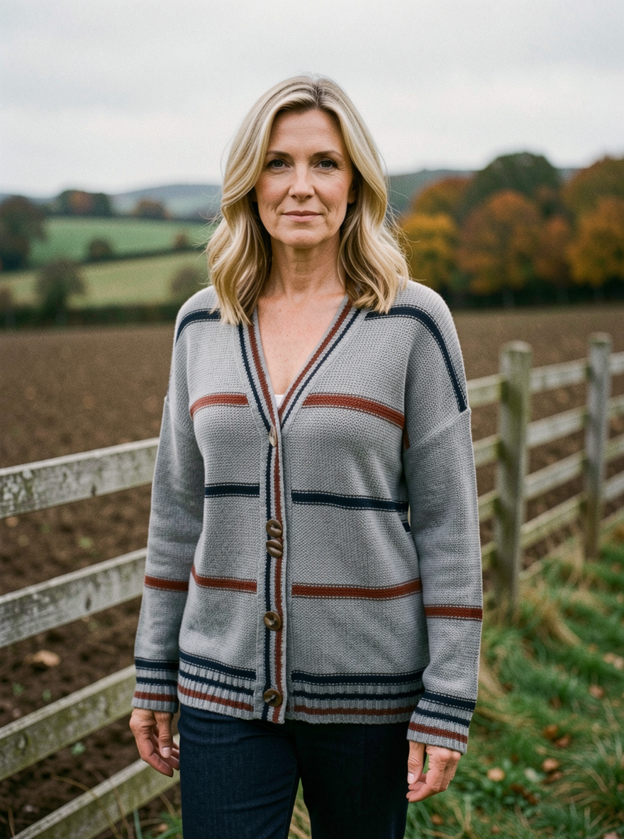 Striped Contrast-Trim Cardigan — Wood-Button Knit - Grey