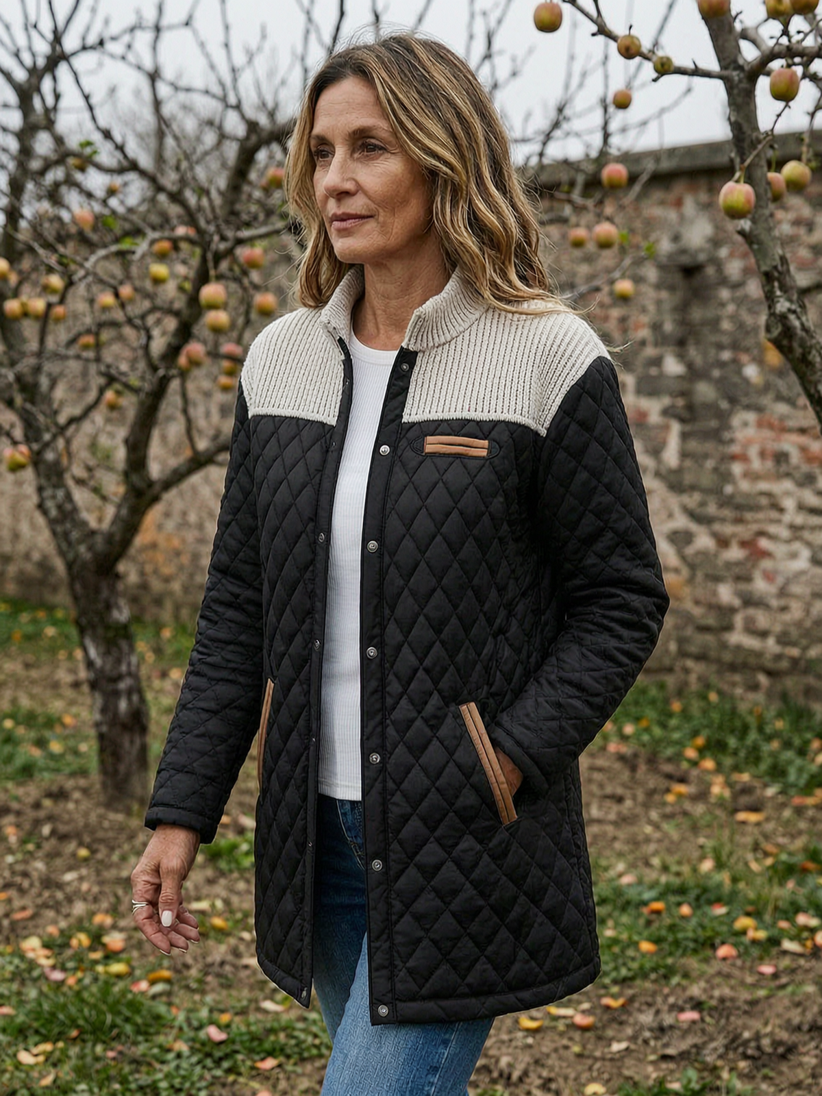 Diamond-Quilted Colour-Block Jacket with Knit Panel Yoke - Black
