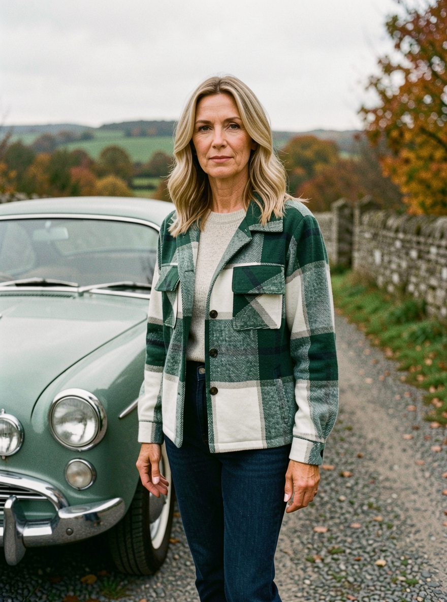 Women's Buffalo-Check Shacket — Cropped Wool-Blend Jacket - Green and White Check