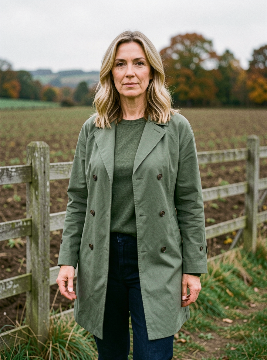 Women's Double-Breasted Wide Windbreaker — Non-Printed Cotton Showerproof Coat - Smoky Green
