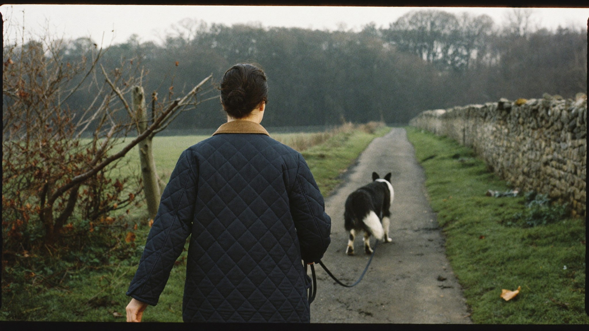 Woman walking away down a country bridleway with a border collie, wearing a navy quilted jacket