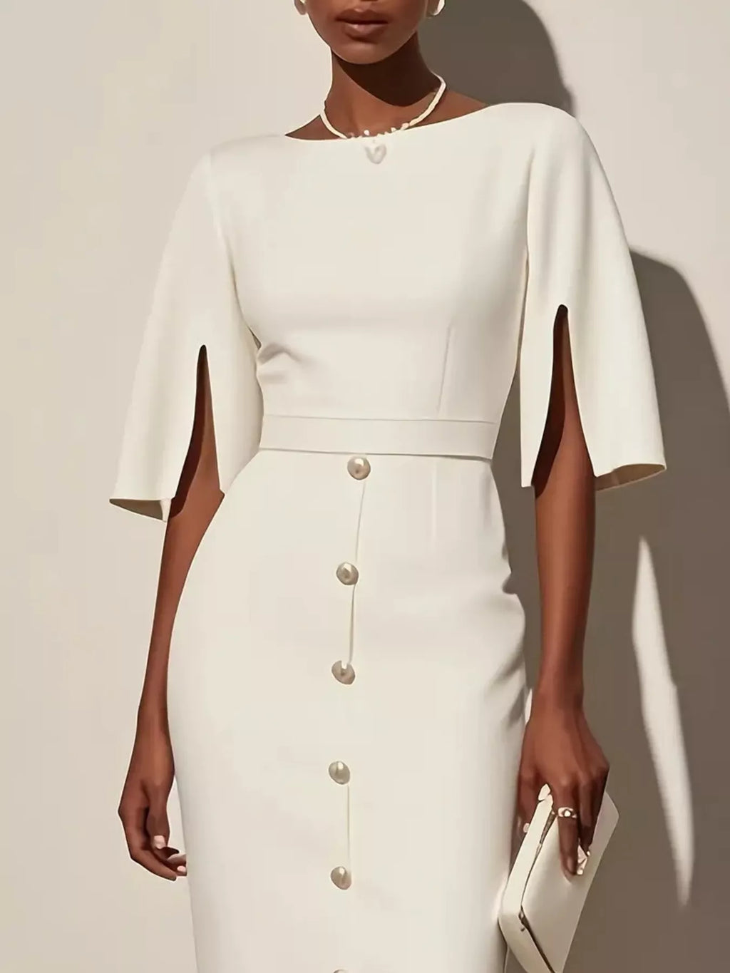 Midi Dress Women's Elegant Button Detail with Statement Sleeves | E&W - 5 - Elenwear