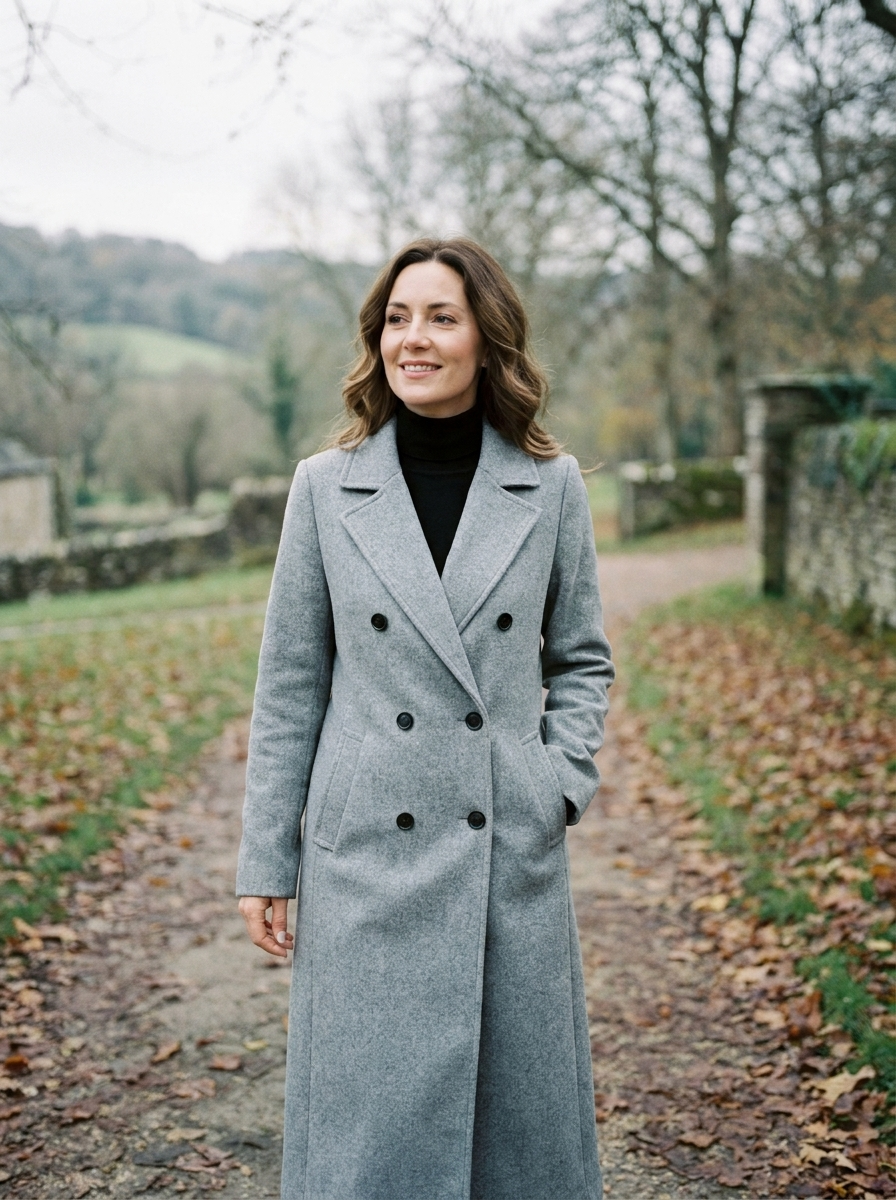 Women's Double-Breasted Longline Coat — Notched-Lapel Wool-Blend Coat - Grey