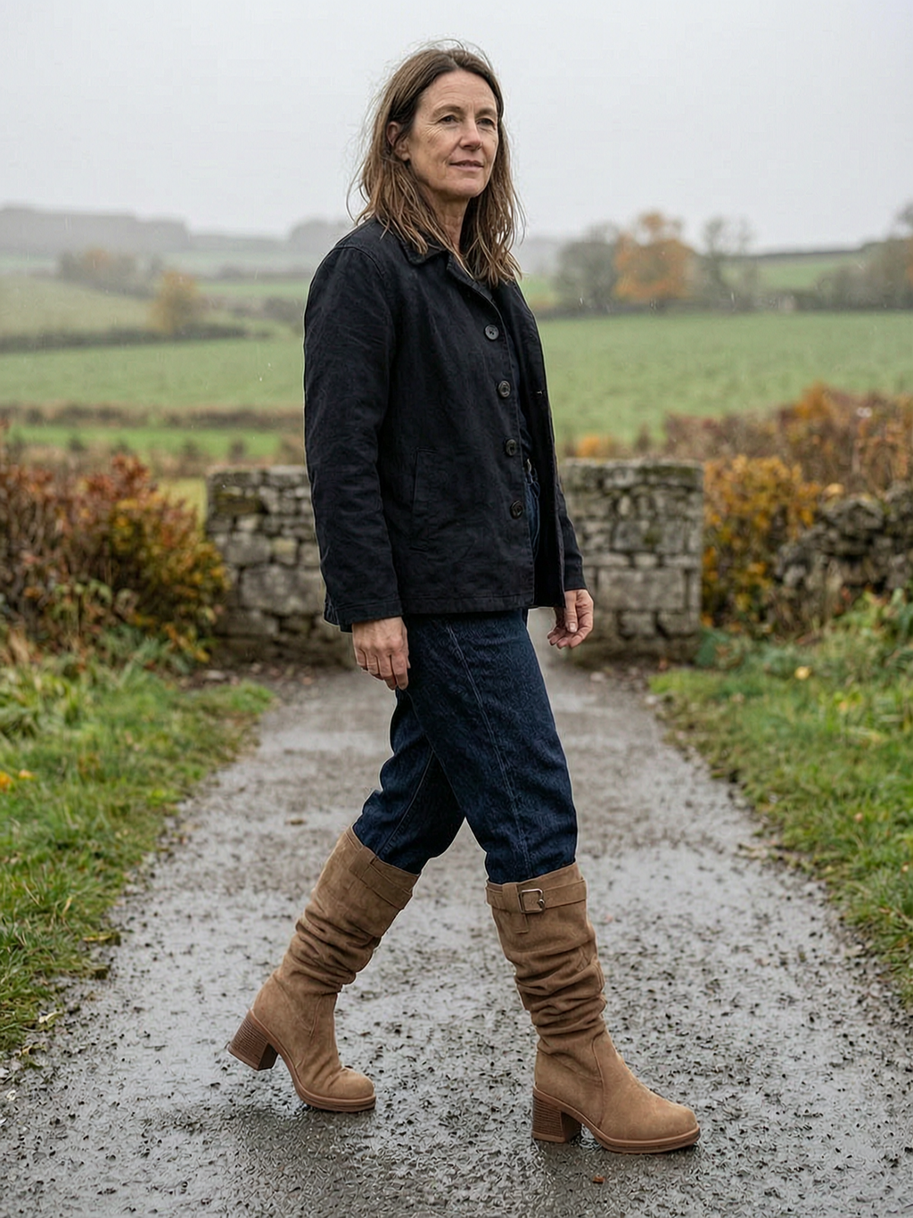 Women's V-Cuff Slouch Knee-High Boots — Durable Suede Countryside Boots - Khaki