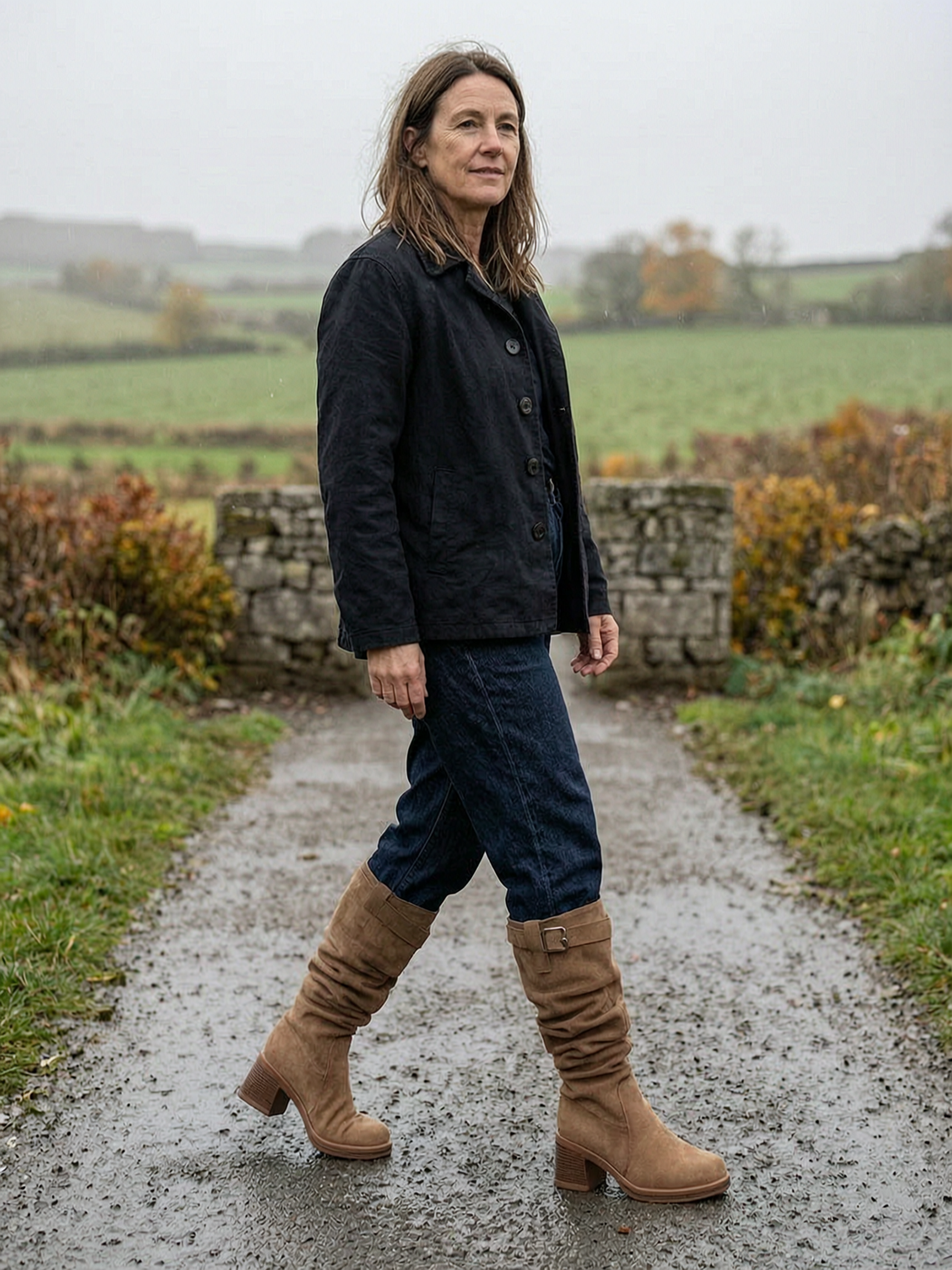 Women's V-Cuff Slouch Knee-High Boots — Durable Suede Countryside Boots - Khaki